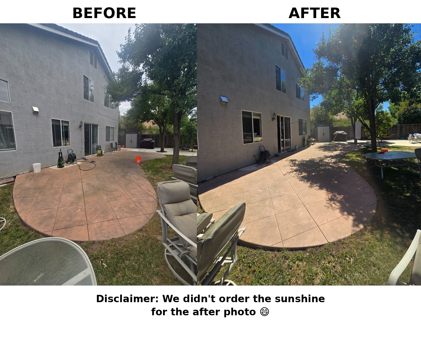 Before and after patio cleaning at a Davis, California home
